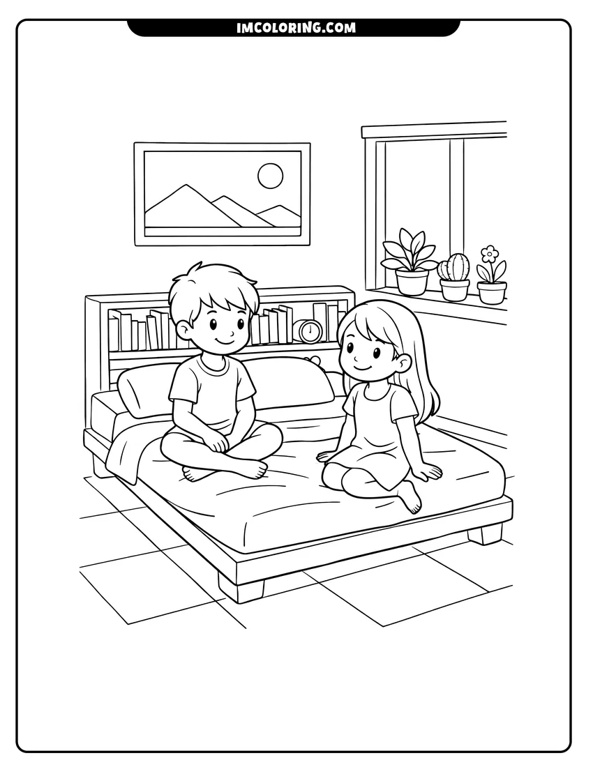 Printable Modern bedroom with platform bed and bookshelf headboard coloring activity