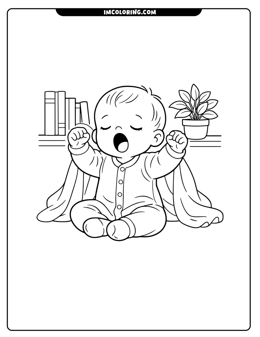 Simple sketch of Sleepy baby yawning in front of a bookshelf for children