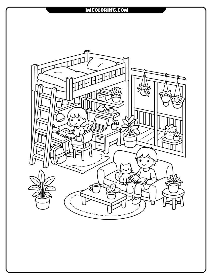 Detailed Isometric bedroom with loft bed and study desk design for coloring