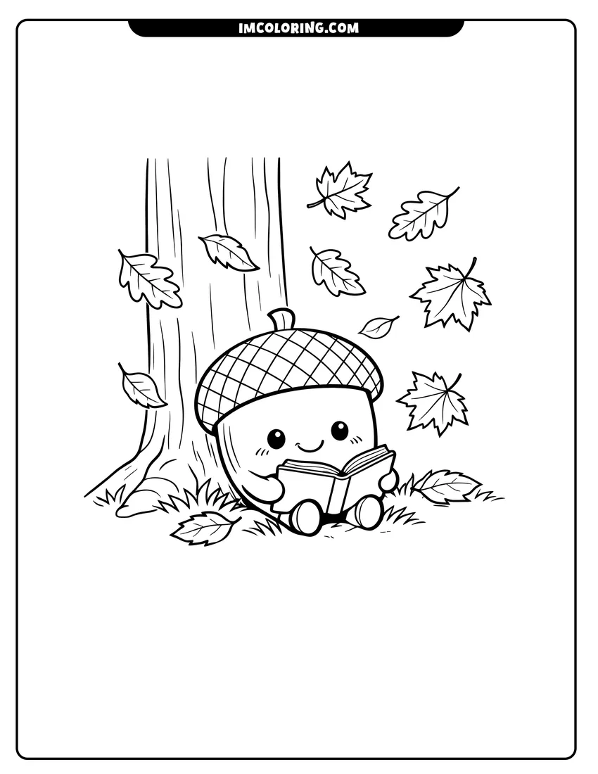 Kawaii style Smiling acorn reading a book under a tree coloring picture