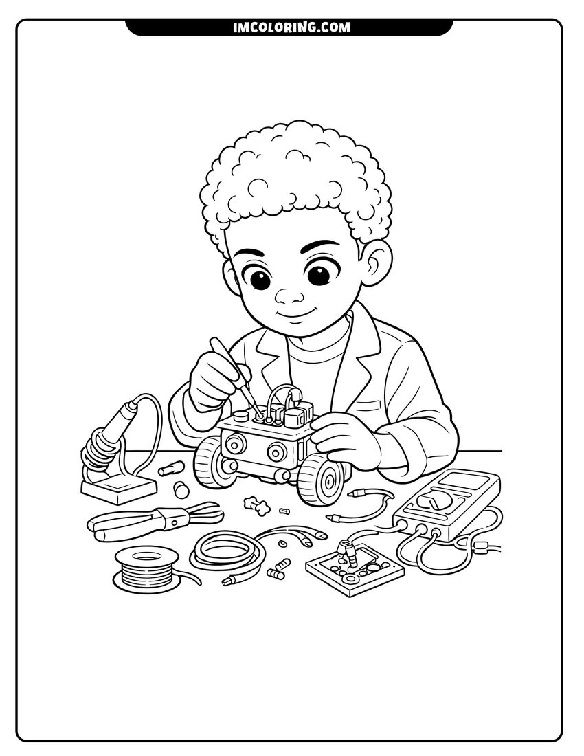 Cute Black boy building a robot in a workshop outline for coloring