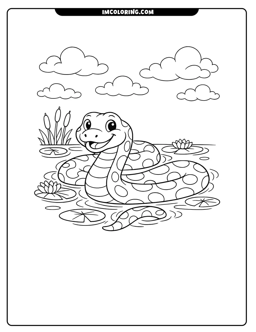 Line art depicting Smiling cartoon Anaconda swimming among swamp lily pads