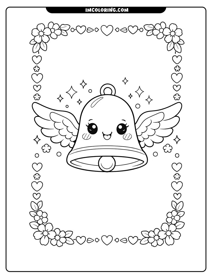 Smiling bell with angel wings and a floral border drawing meant for coloring