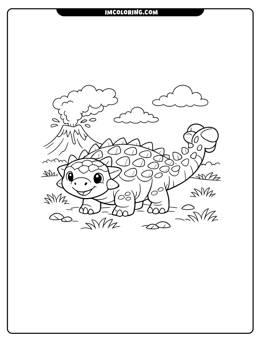 Illustration of Happy smiling Ankylosaurus in a field with a distant volcano ready for painting