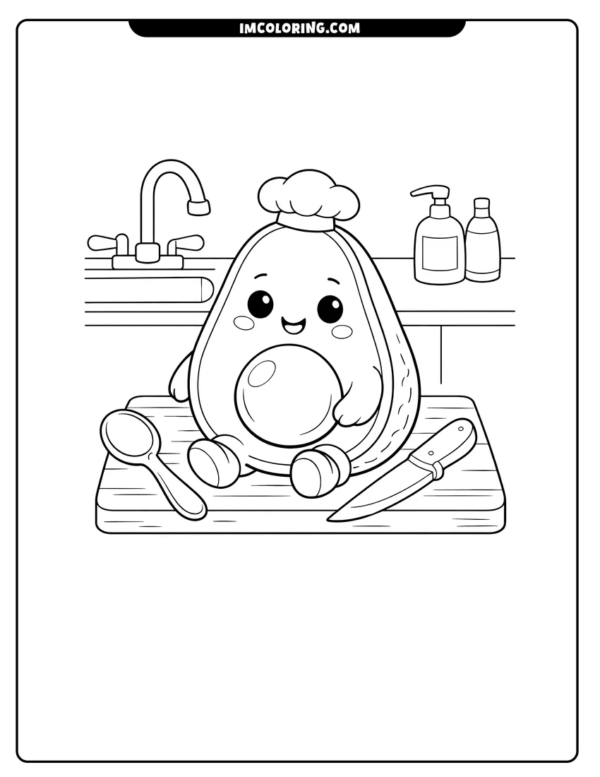 Coloring sheet of Happy avocado character on a kitchen counter with utensils for kids