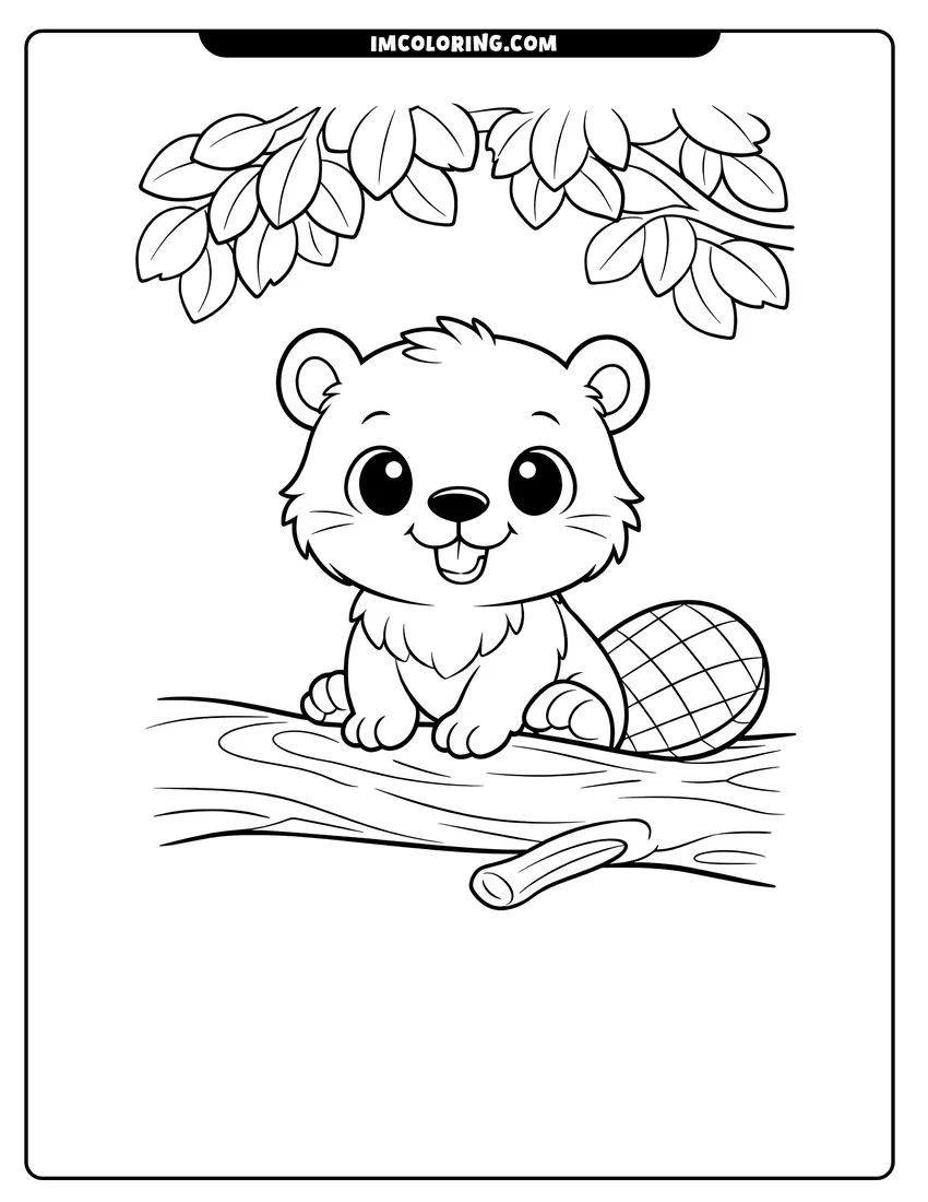 Simple line drawing of Baby beaver with round eyes on a tree branch