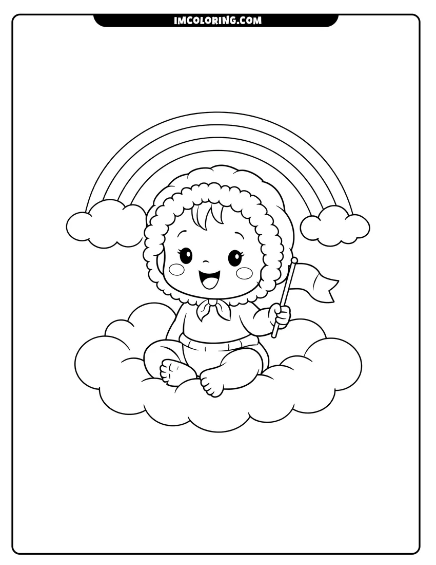 Kawaii style Baby in bonnet sitting on cloud with rainbow coloring picture