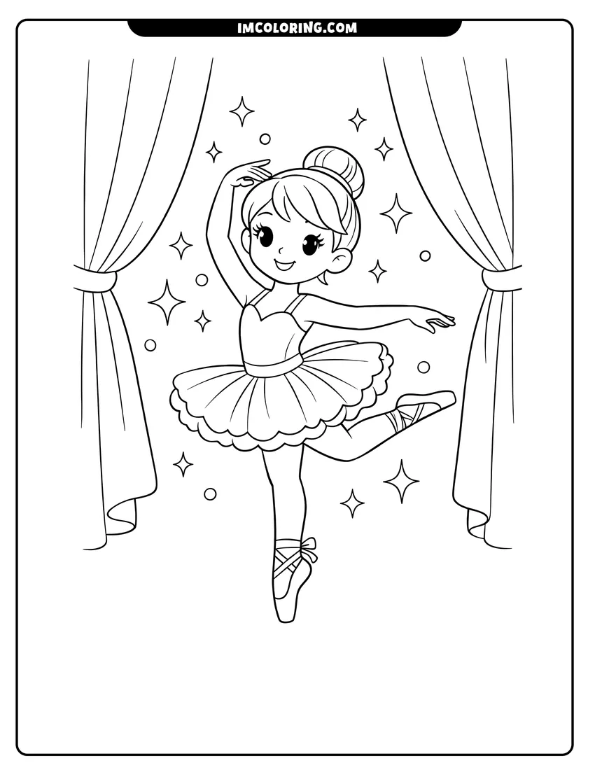 Outline of Smiling ballerina posing between theater curtains on a white background