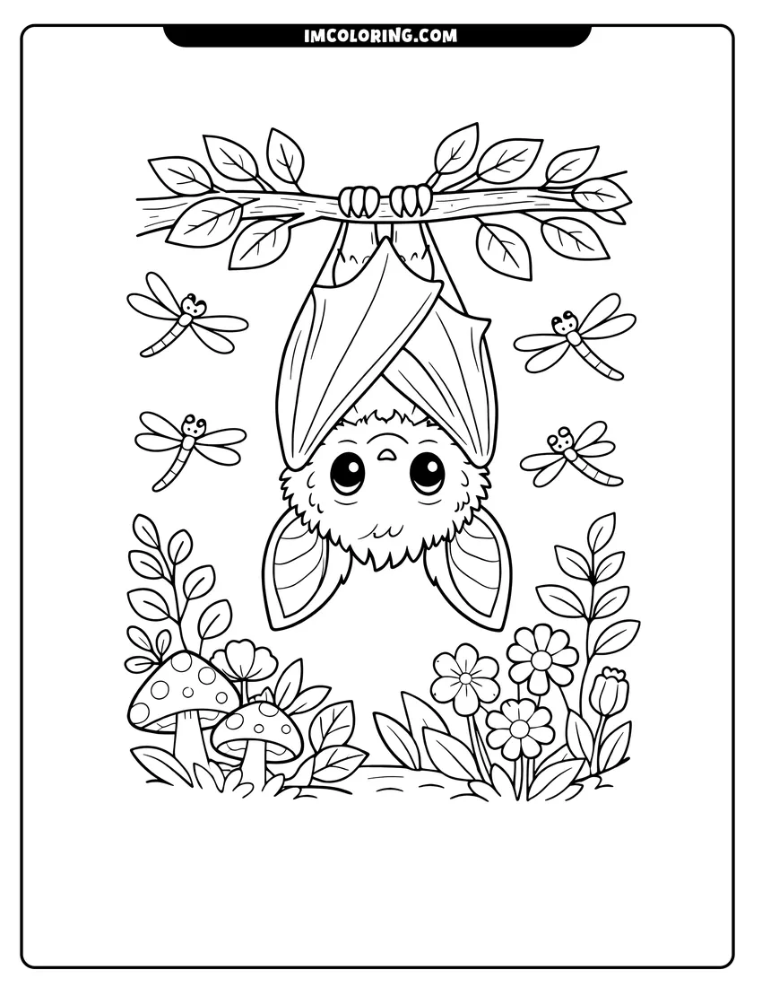 Cute Fluffy smiling bat hanging in a flowery forest outline for coloring