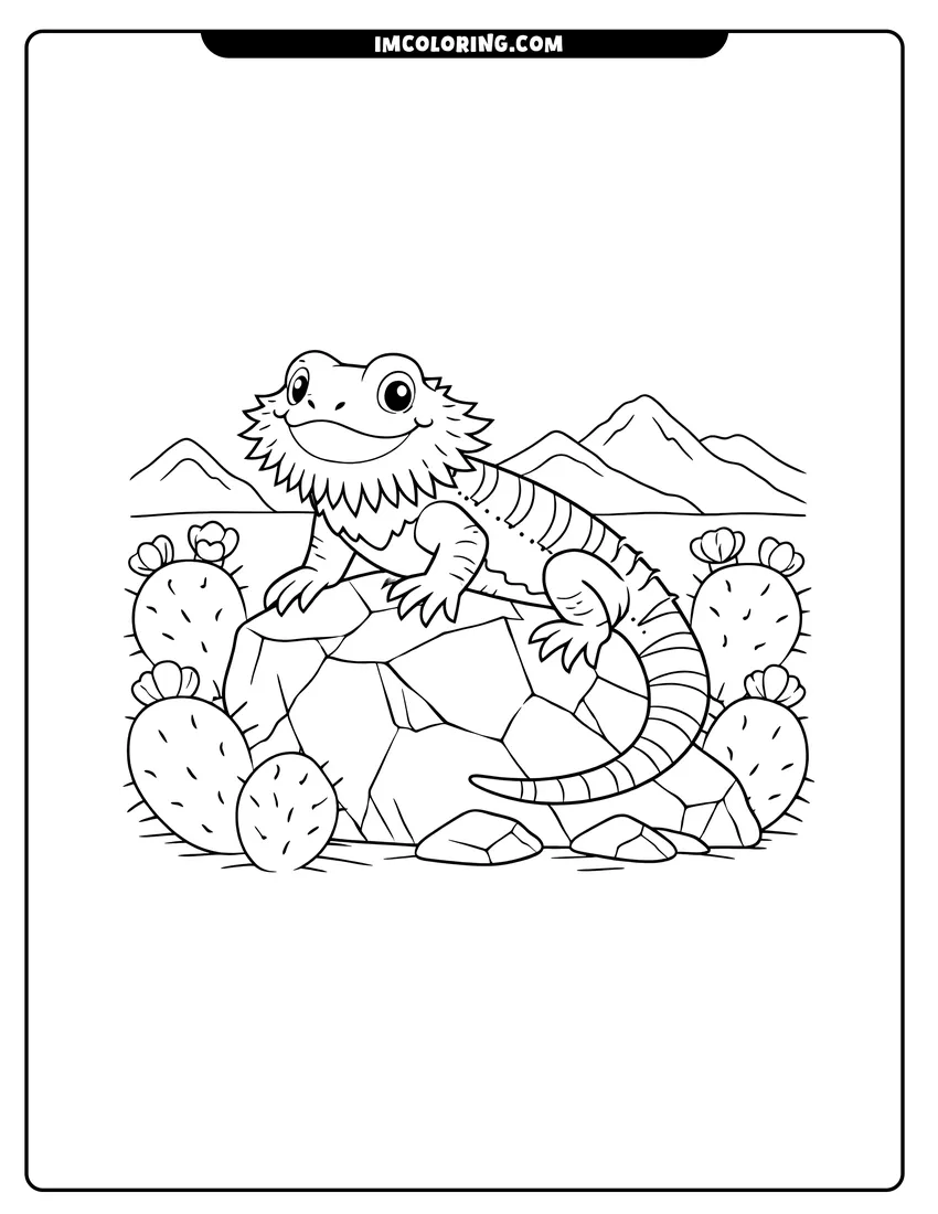 Kawaii style Smiling bearded dragon on a rock with cacti coloring picture