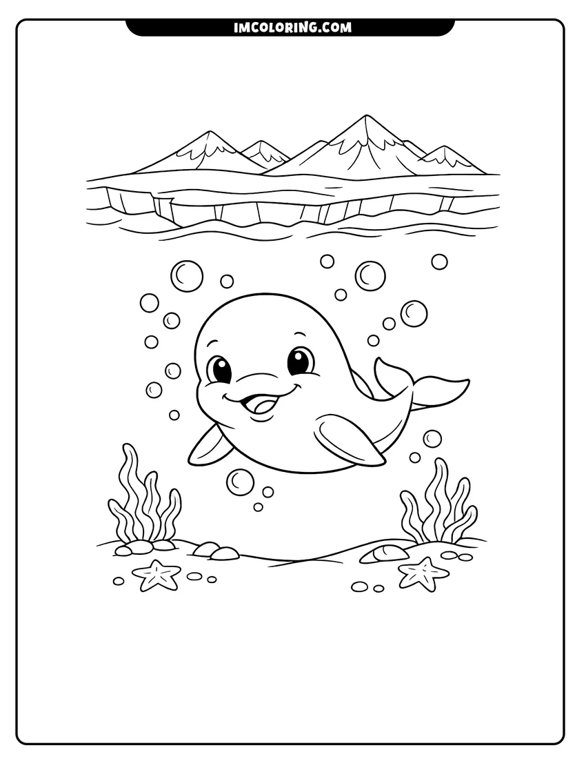 Printable Smiling beluga whale swimming underwater coloring activity
