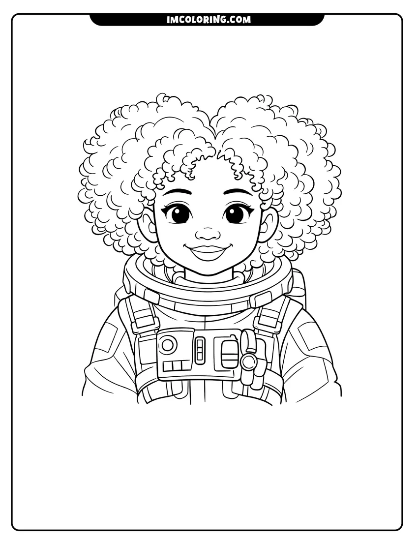 Coloring sheet of Smiling Black girl wearing a detailed astronaut spacesuit for kids