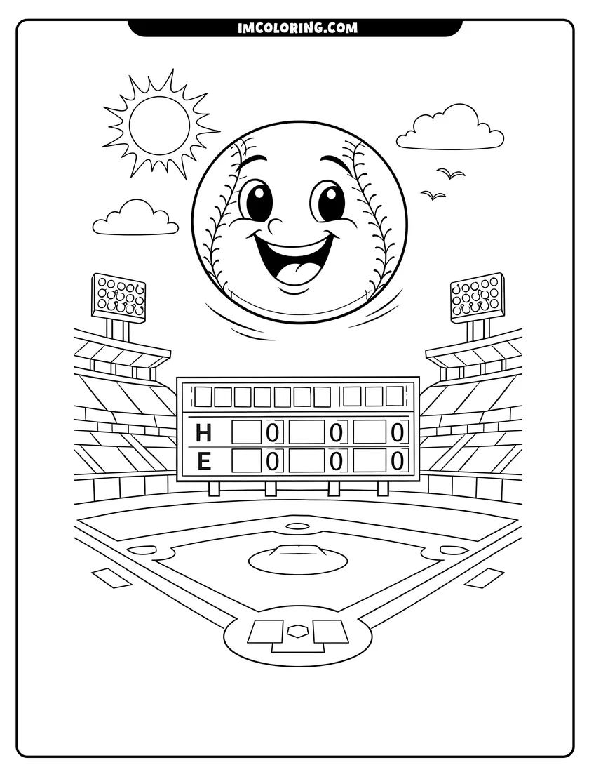 Kawaii style Happy smiling cartoon baseball at the stadium coloring picture