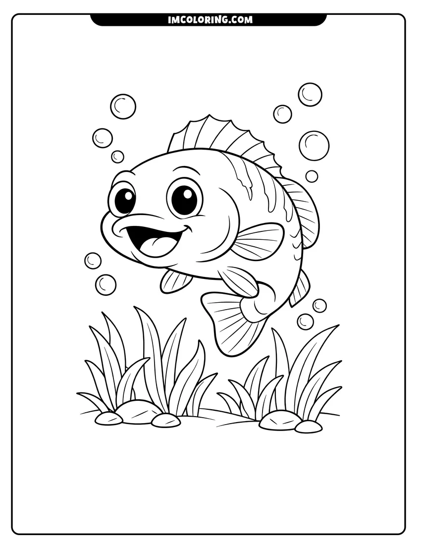 Coloring sheet of Cheerful cartoon bass swimming near grassy reeds for kids