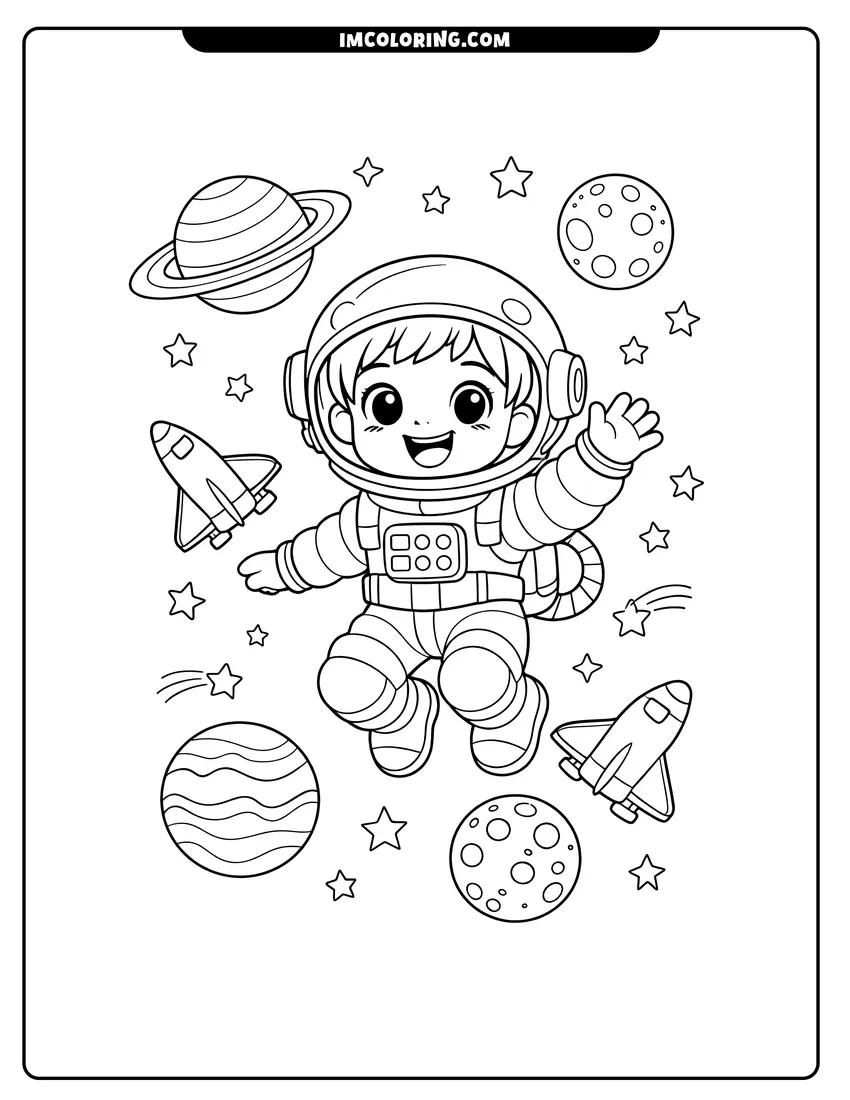 Kawaii style Smiling child astronaut floating with space shuttles coloring picture