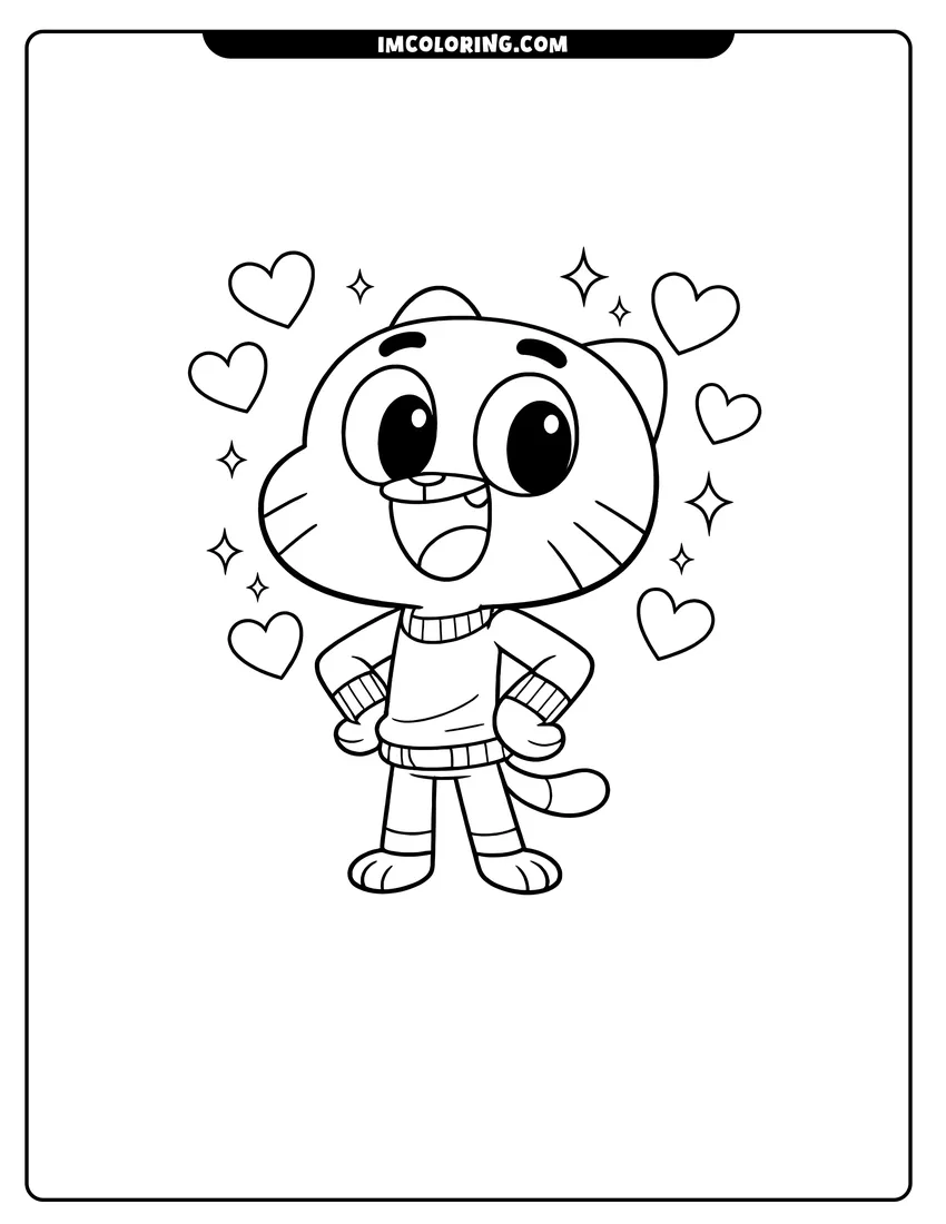 Line art depicting Gumball Watterson smiling with floating hearts and sparkles