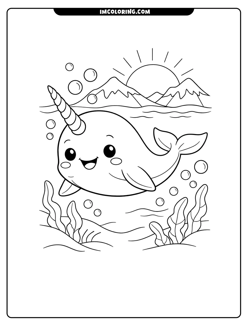 Detailed Smiling narwhal swimming underwater at sunset design for coloring
