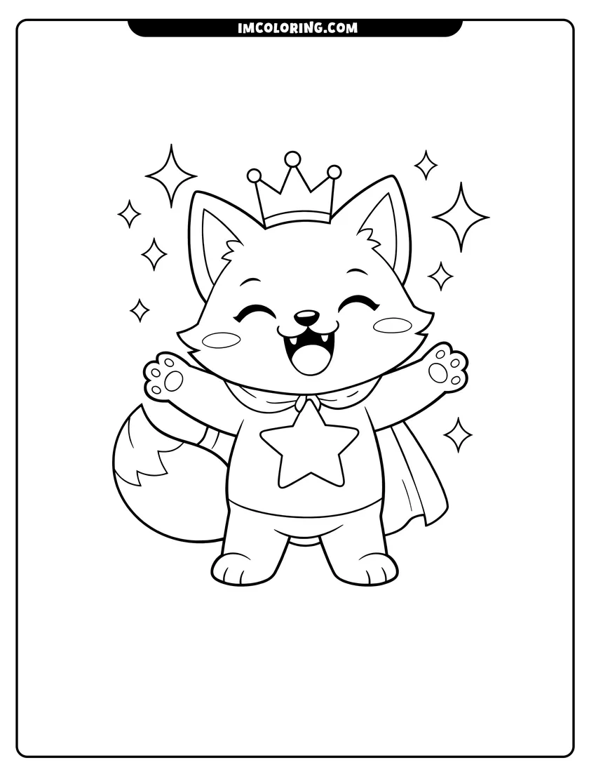 Illustration of Pinkfong fox with a crown and star ready for painting