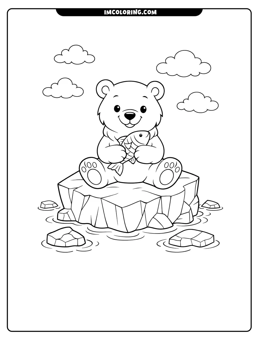 Smiling polar bear holding a fish on an iceberg drawing meant for coloring