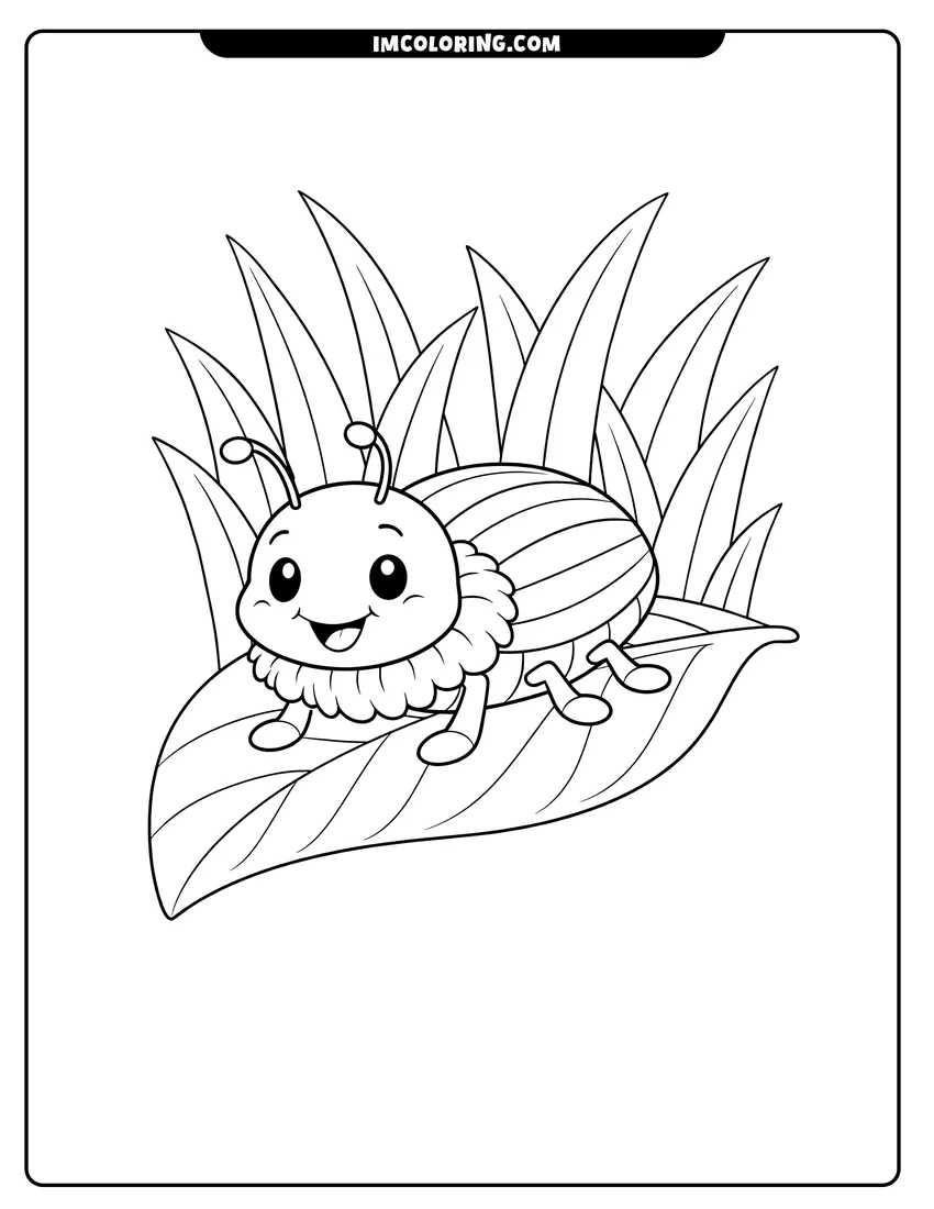 Outline of Smiling cartoon beetle with stripes and fluffy ruff on a white background