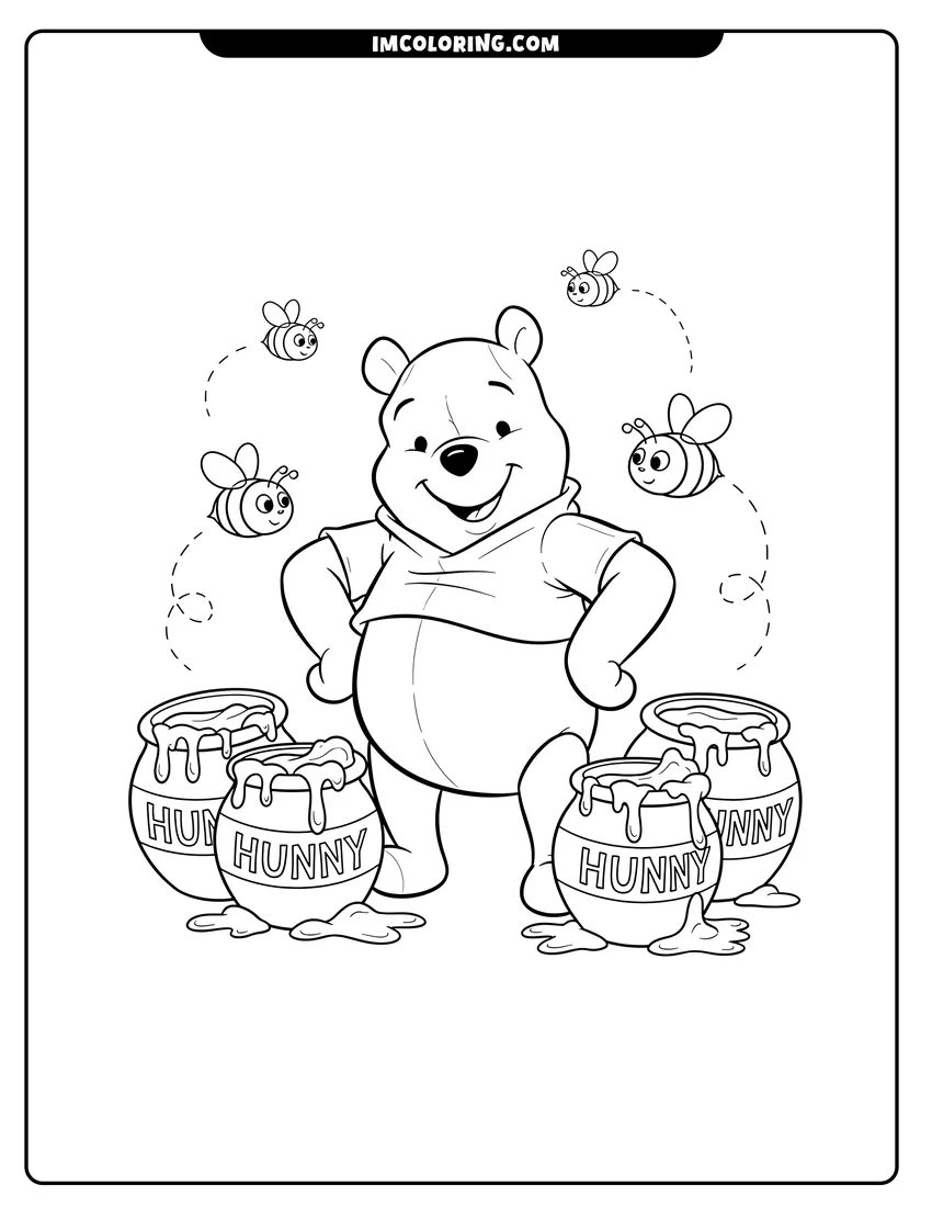 Cute Winnie the Pooh with honey pots and bees outline for coloring