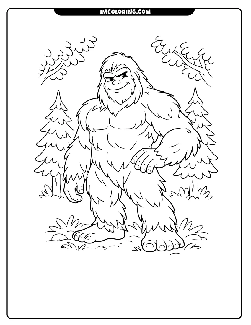 Line art depicting Muscular Bigfoot Yeti with smirking expression standing in forest