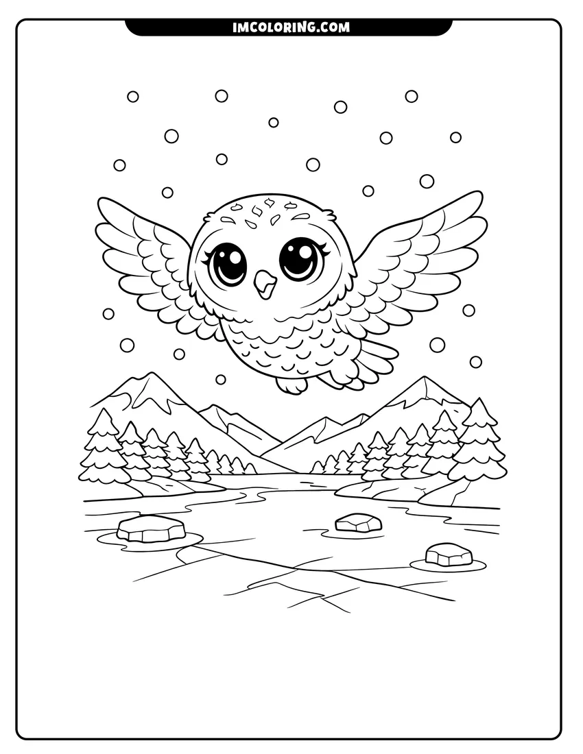 Scene showing Snowy owl with sparkling eyes flying over a lake to color