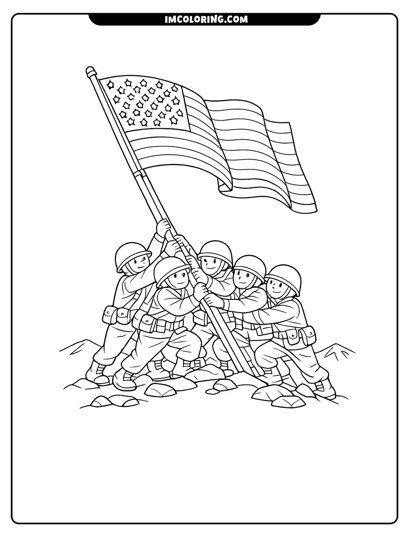 Soldiers raising American flag on a rocky mountain drawing meant for coloring