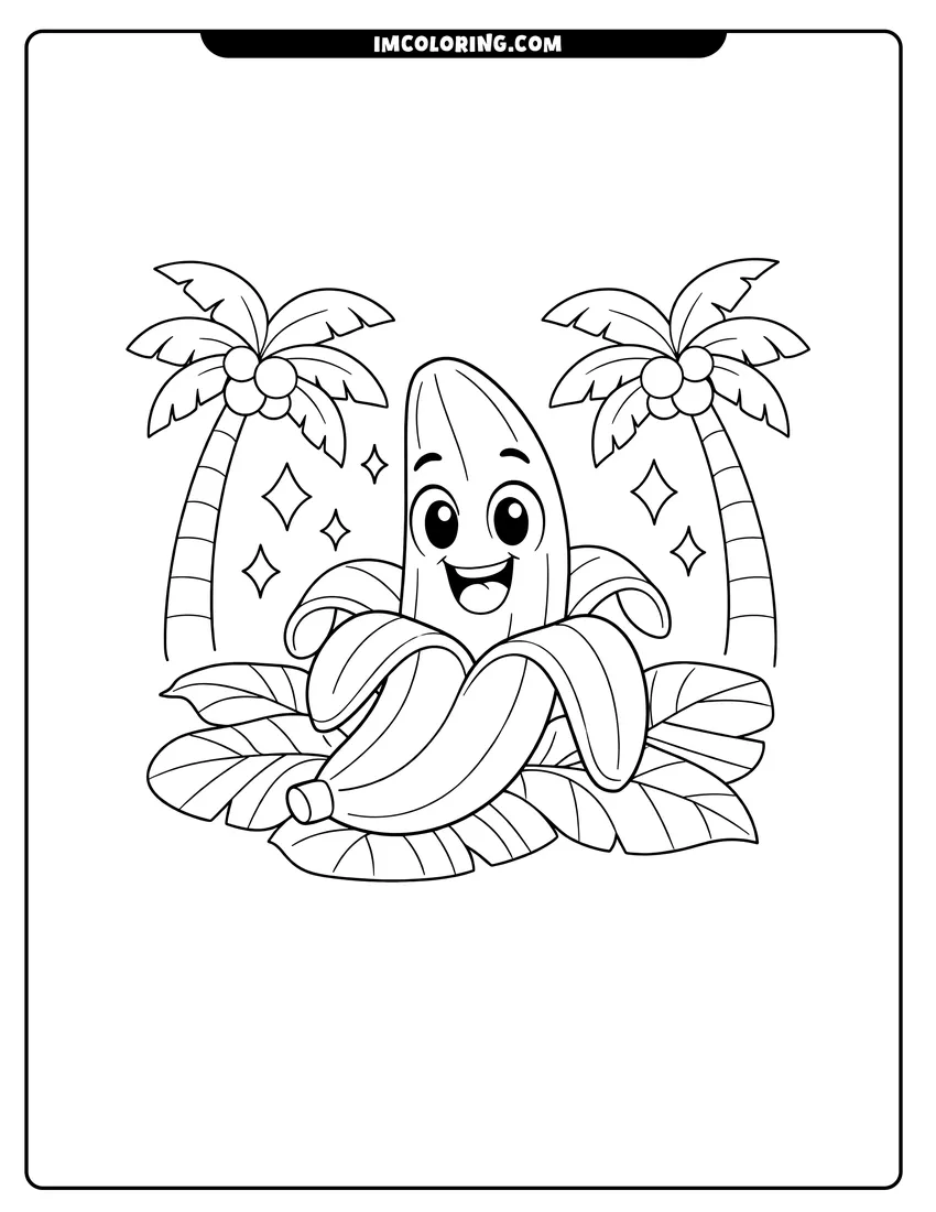 Coloring sheet of Cartoon banana on a leaf with coconut trees for kids