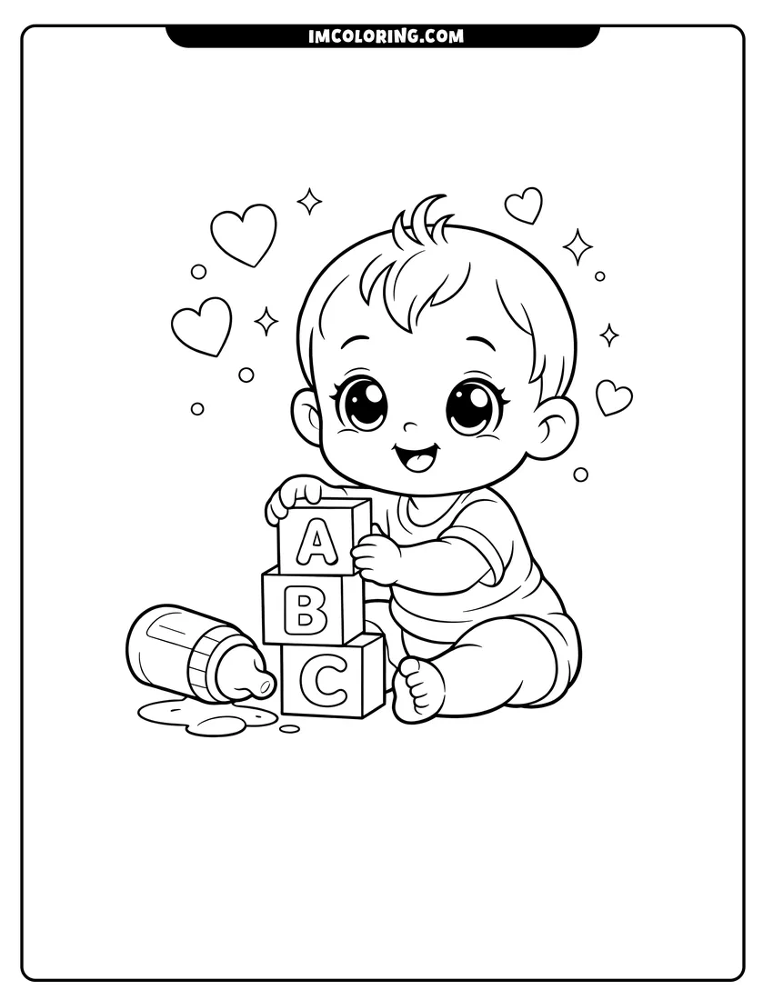 Printable outline of Smiling baby with sparkling eyes and ABC blocks