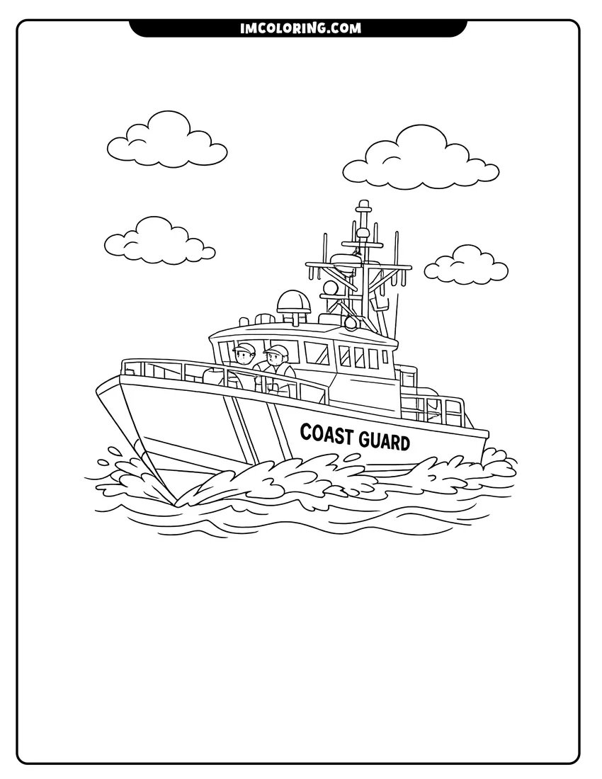 Simple line drawing of Detailed Coast Guard cutter boat speeding through the ocean
