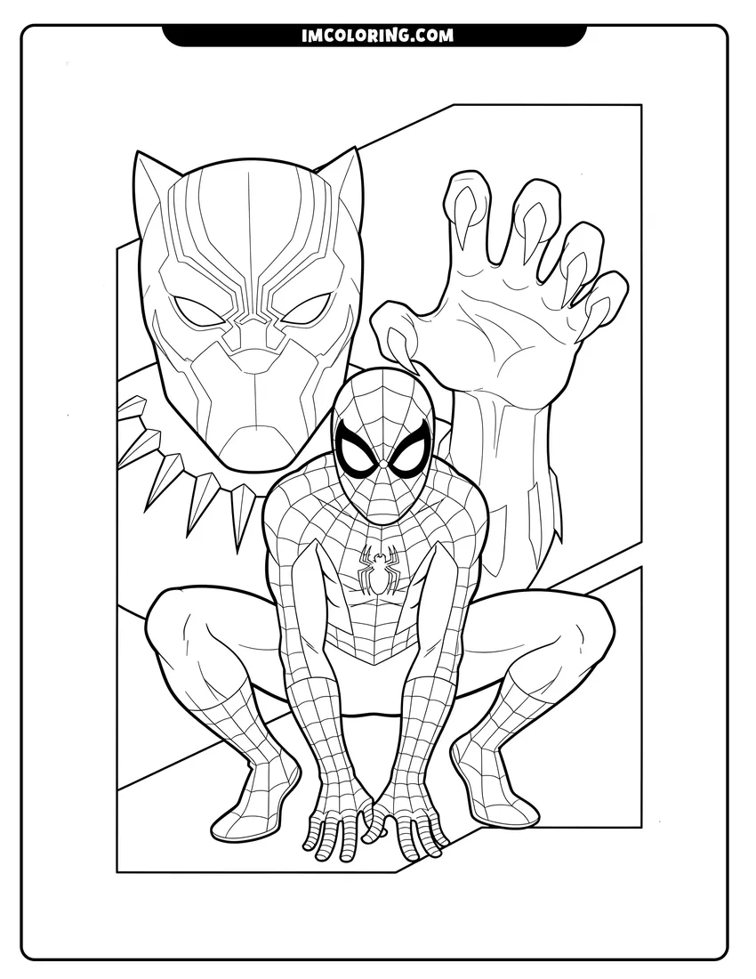 Outline of Spider-Man crouching with Black Panther mask behind him on a white background