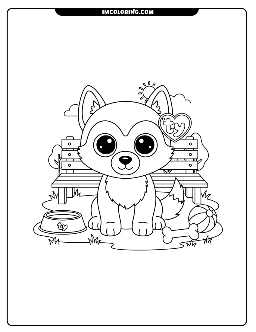Cute Beanie Boo husky puppy in the park outline for coloring
