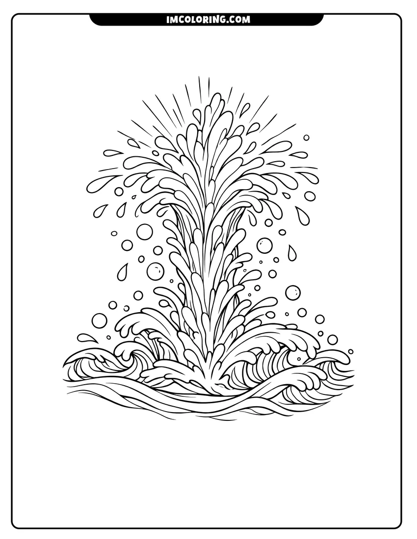Kids activity sheet showing Abstract water geyser with bubbles and droplets