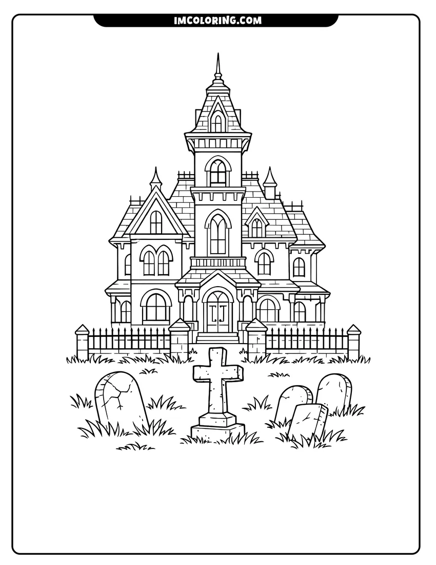 A detailed Victorian mansion with a small graveyard drawing meant for coloring