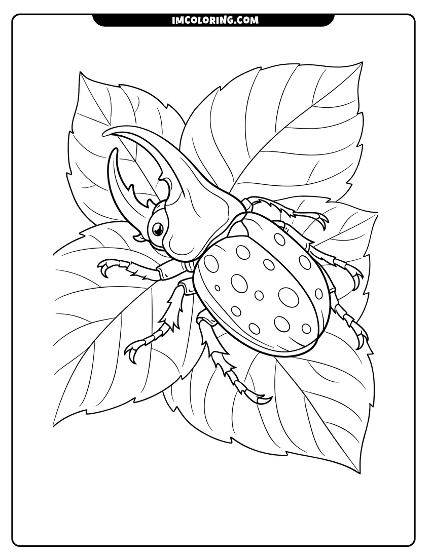 Easy-to-color Eastern Hercules beetle resting on a large veined leaf illustration