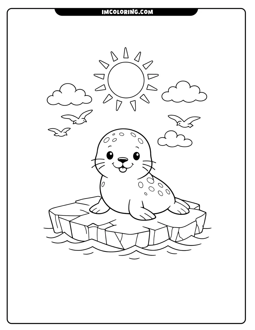 Black and white Spotted seal sitting on a cracked iceberg coloring sheet