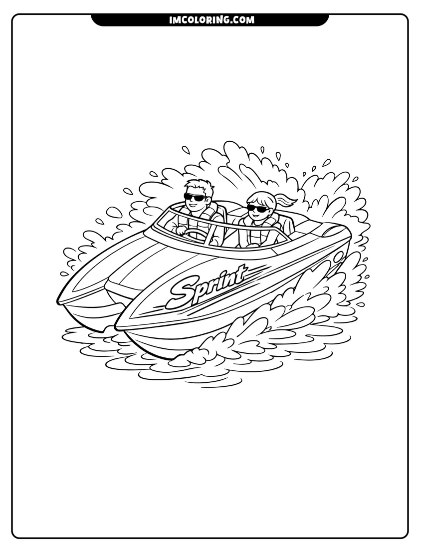 Kids activity sheet showing Catamaran speedboat with sprint graphic and water splashes