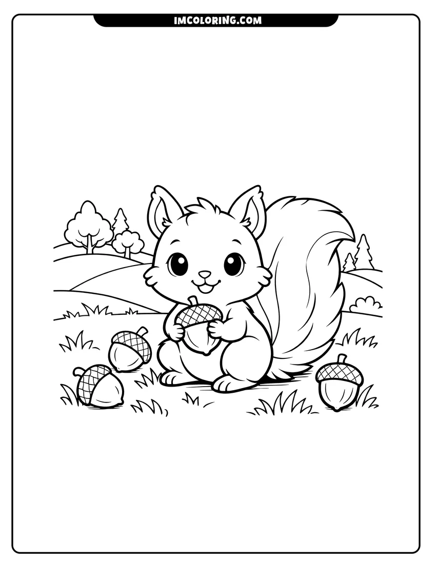 Detailed Squirrel holding an acorn in a grassy field design for coloring