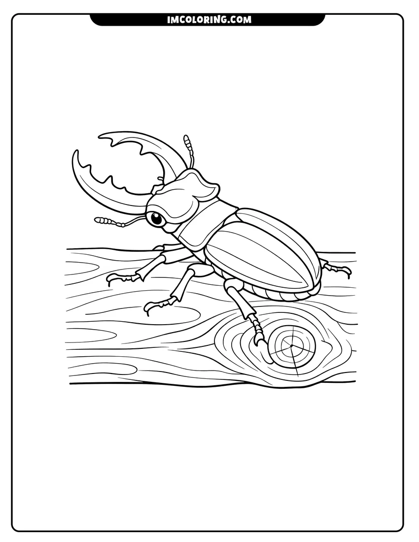 Printable coloring page featuring Stag beetle resting on a wooden plank with grain