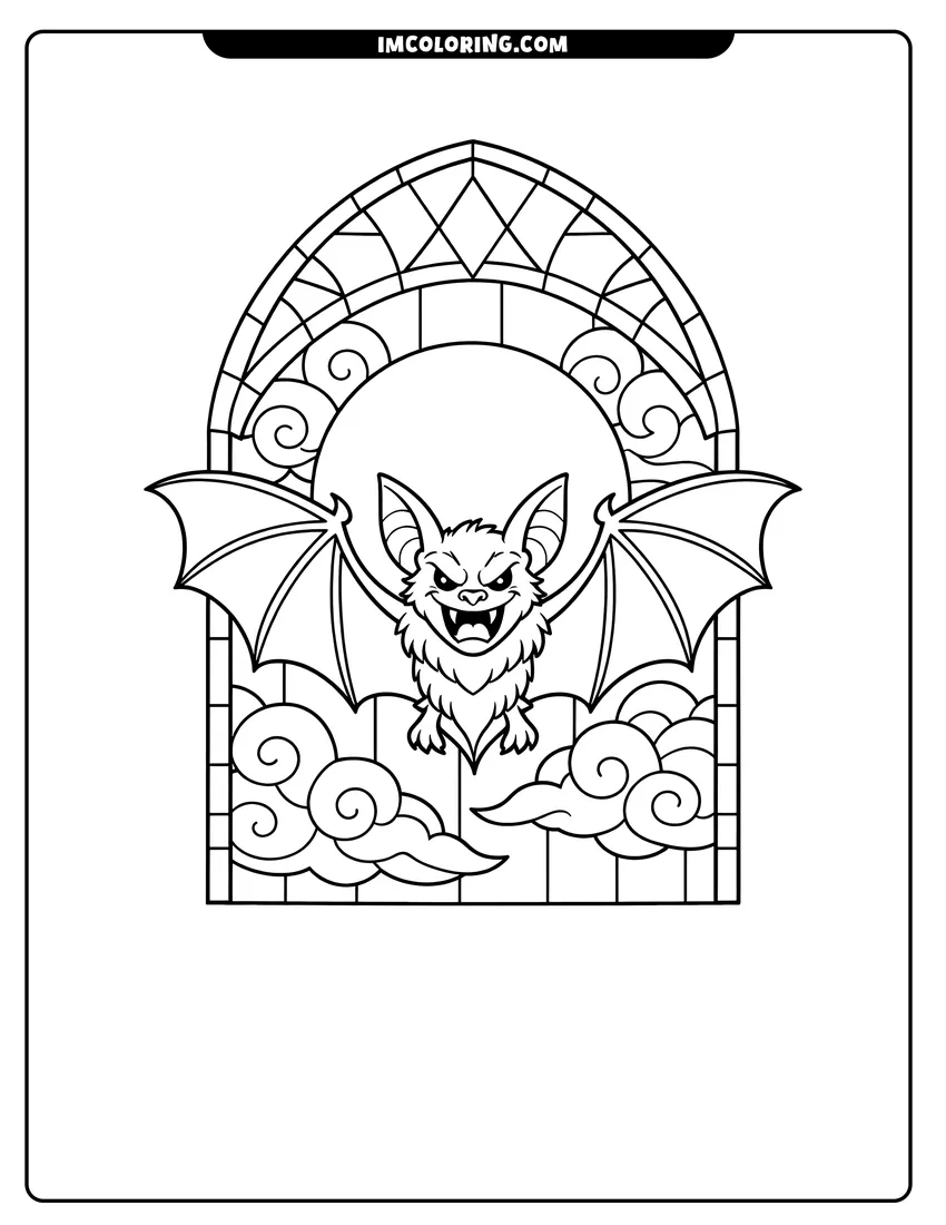 Printable Bat flying in front of a moon in stained glass style coloring activity