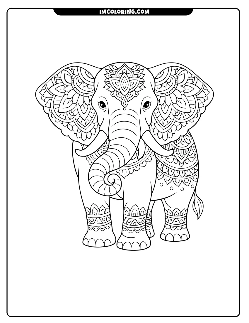Kawaii style Standing elephant with mandala patterns on its ears and body coloring picture