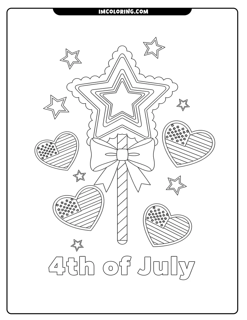 Clean line drawing: Layered star wand and American flag hearts with text