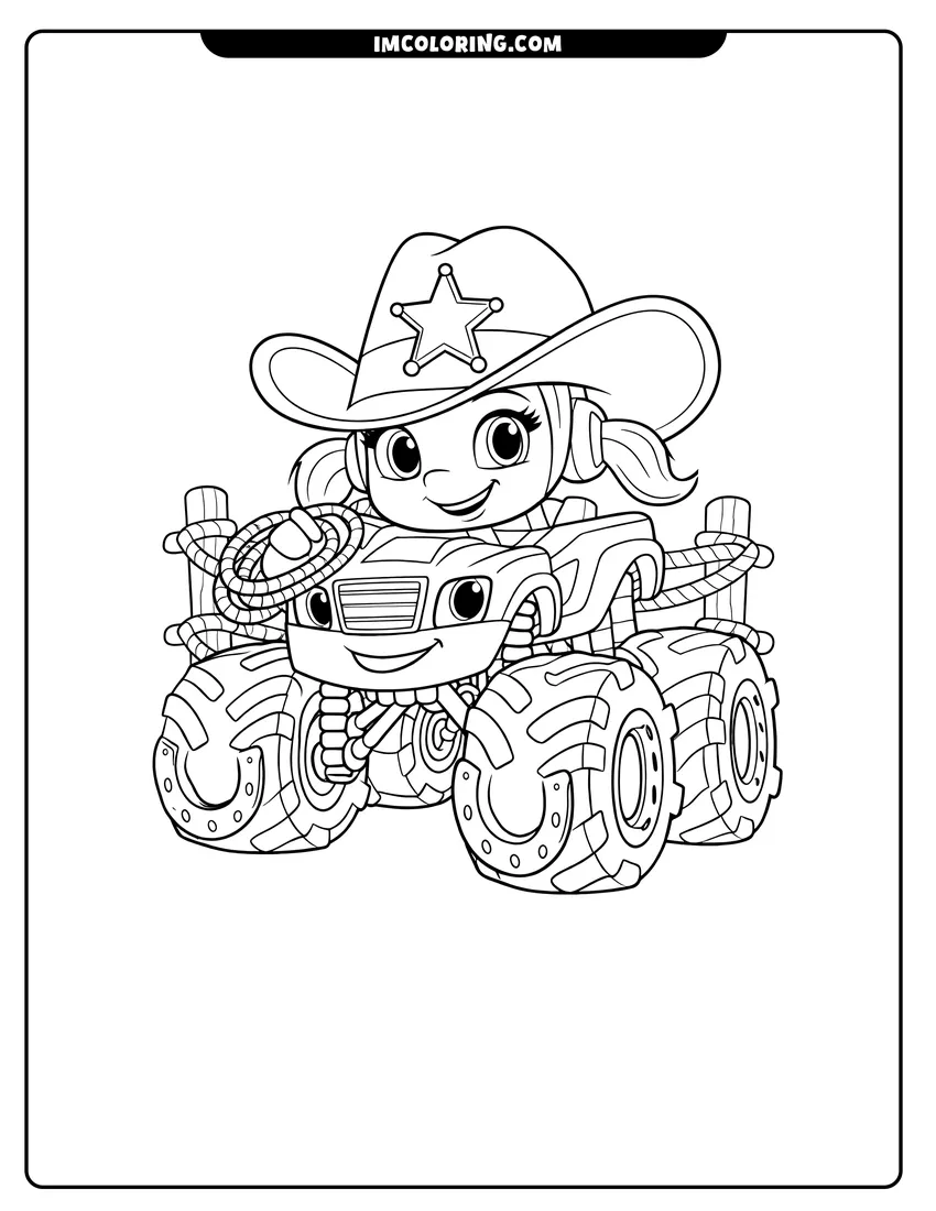 Outline of Starla the cowgirl monster truck with a lasso on a white background