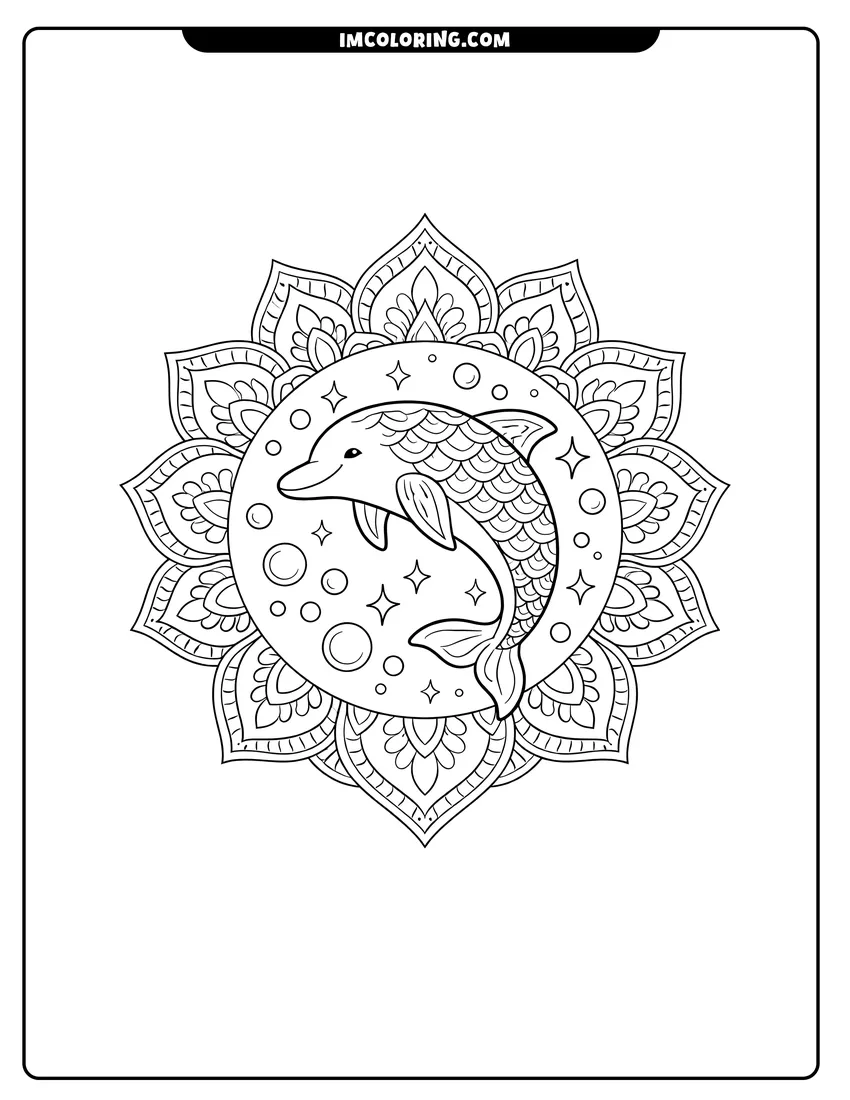 Simple line drawing of Leaping dolphin surrounded by stars inside a floral mandala