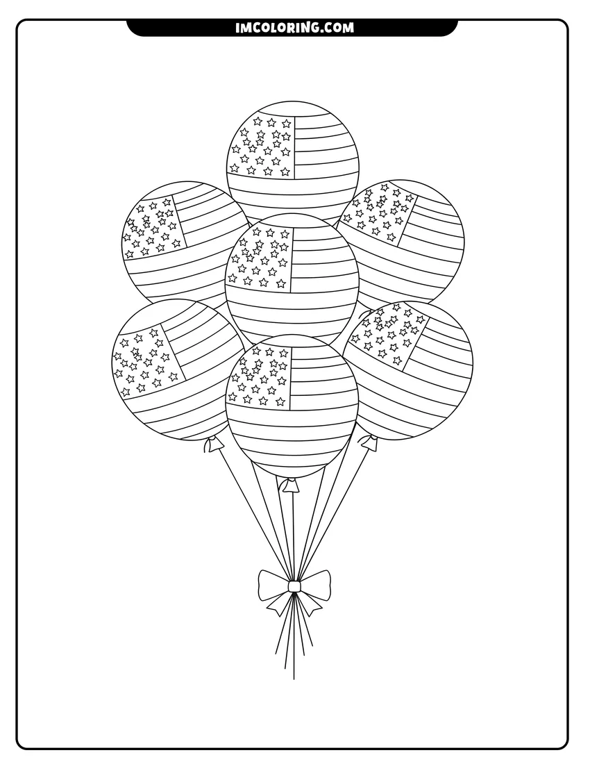 Coloring page for kids: A bunch of American flag balloons tied with a bow