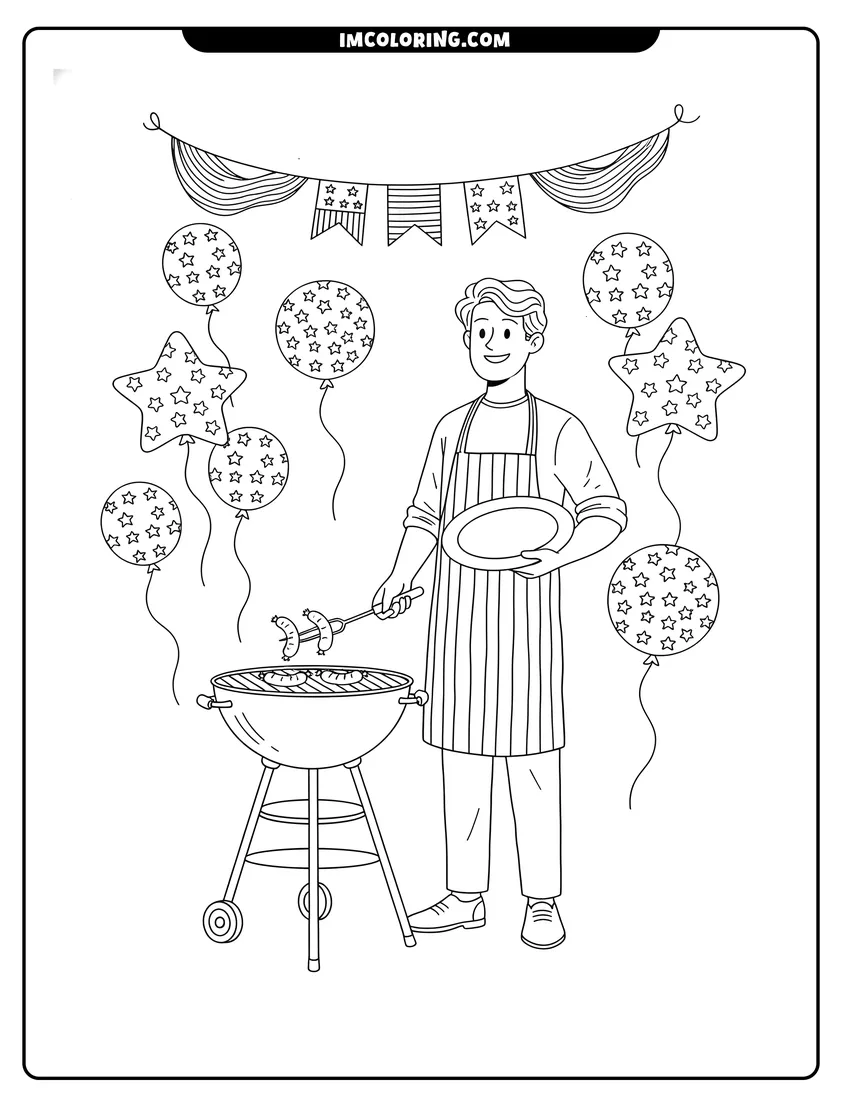 High quality printable Man grilling sausages under stars and stripes banner and balloons for coloring
