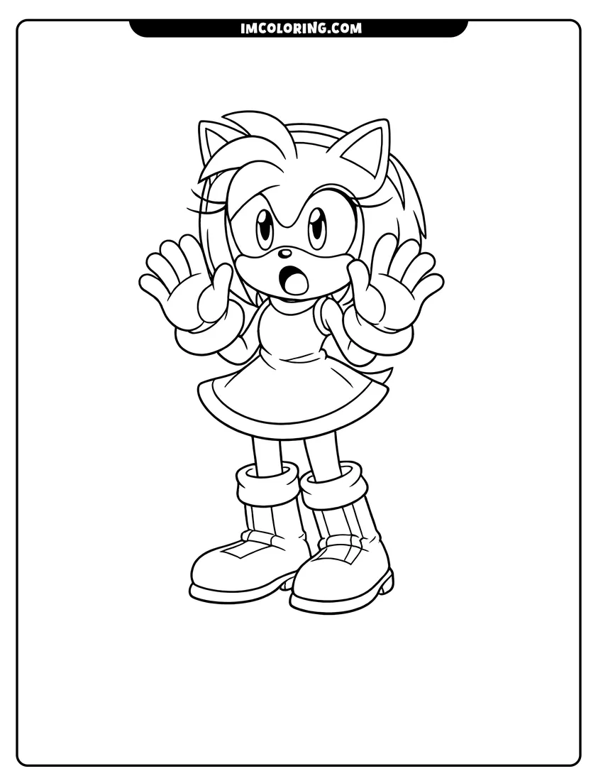 Startled Amy Rose with hands up coloring page for preschoolers