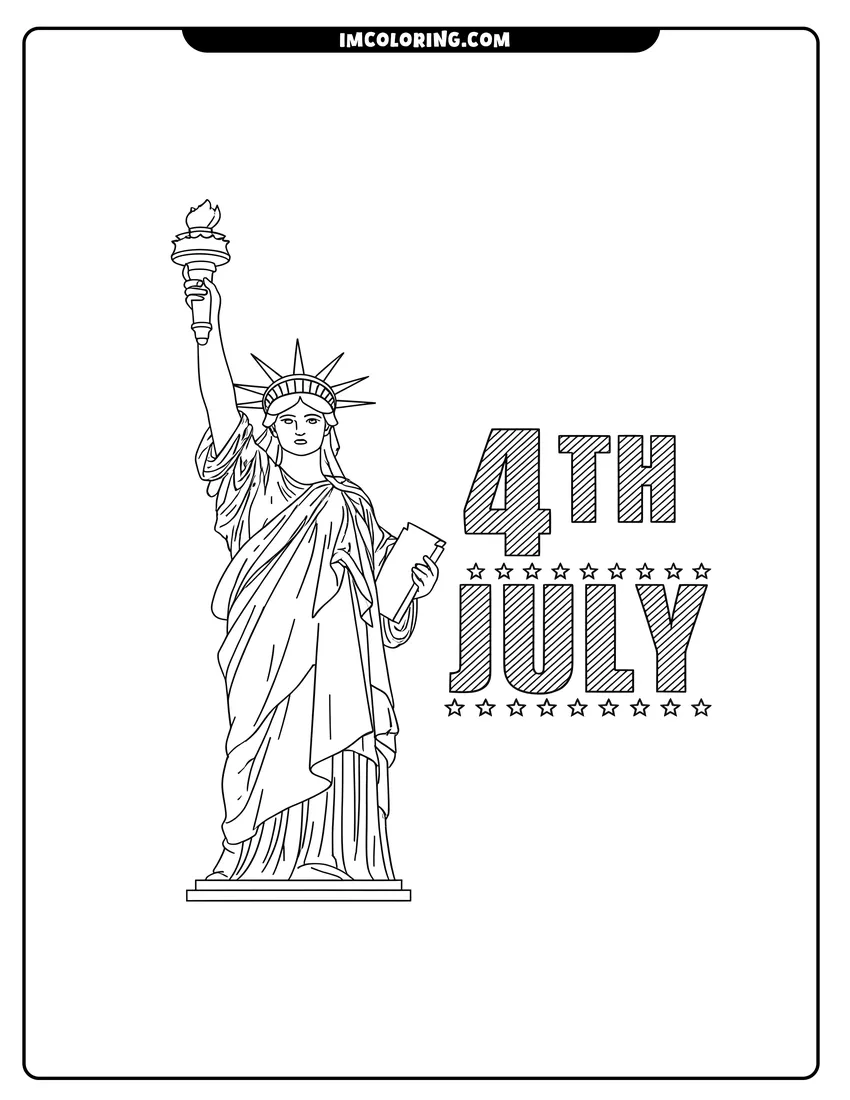 Free to print drawing of Stylized Statue of Liberty with bold 4th July striped text