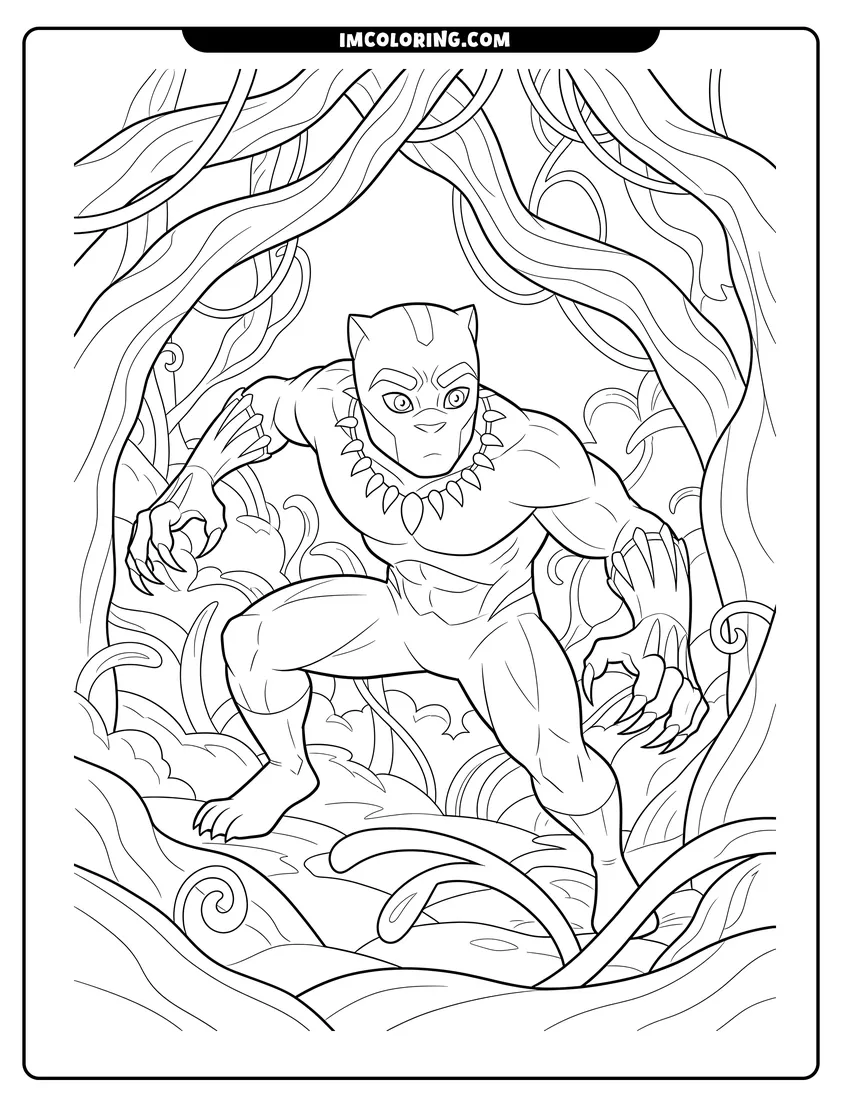 Easy-to-color Black Panther crouching among thick jungle vines illustration